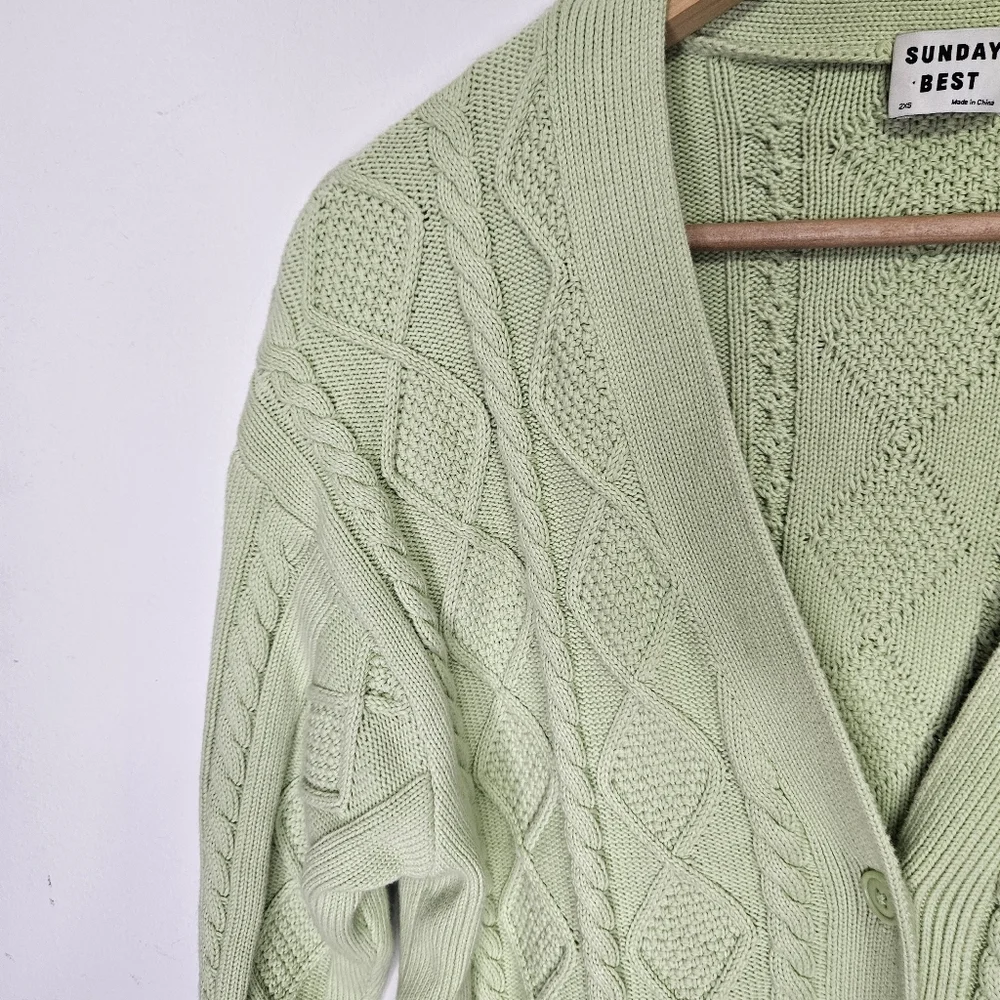 Aritzia Sunday Best Lamora Cardigan Sz 2XS Cable Knit Sweater Green Oversize - Picture 6 of 11